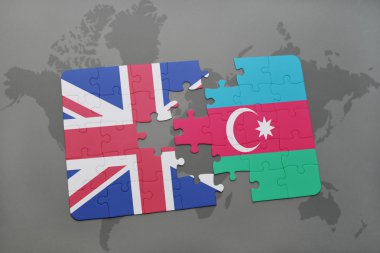 Büyük Britanya ve Azerbaycan ulusal bayrak dünya harita arka plan üzerinde ile bulmaca
