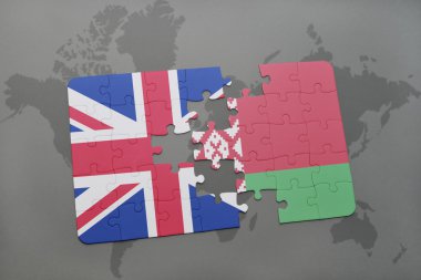 Büyük Britanya ve Beyaz Rusya ulusal bayrak dünya harita arka plan üzerinde ile bulmaca