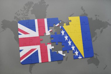 Büyük Britanya ve Bosna-Hersek ulusal bayrak dünya harita arka plan üzerinde ile bulmaca