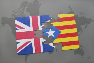 Büyük Britanya ve Katalonya Ulusal bayrak dünya harita arka plan üzerinde ile bulmaca