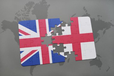 ABD ve İngiltere'de ulusal bayrak dünya harita arka plan üzerinde ile bulmaca