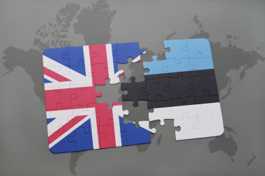Büyük Britanya ve Estonya ulusal bayrak dünya harita arka plan üzerinde ile bulmaca