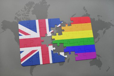 Büyük Britanya'nın ulusal bayrak ve dünya harita arka plan üzerinde gay Gökkuşağı bayrağı ile bulmaca