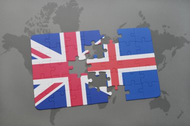 Büyük Britanya ve İzlanda dünya harita arka plan üzerinde bayrağı ile bulmaca