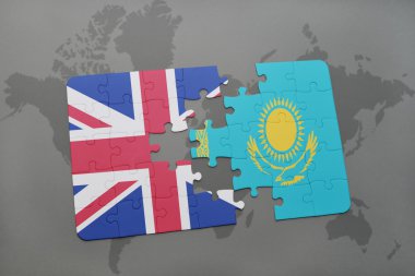 Büyük Britanya ve Kazakistan dünya harita arka plan üzerinde bayrağı ile bulmaca