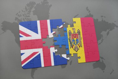 Büyük Britanya ve dünya harita arka plan üzerinde moldova bayrağı ile bulmaca