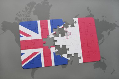 Büyük Britanya ve malta dünya harita arka plan üzerinde bayrağı ile bulmaca