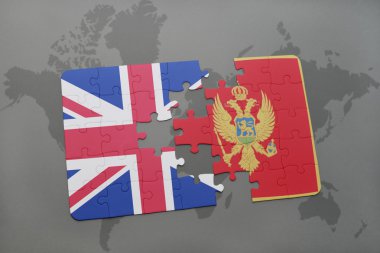 Büyük Britanya ve Karadağ dünya harita arka plan üzerinde bayrağı ile bulmaca