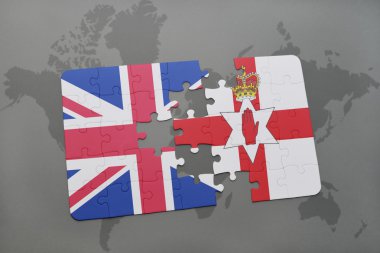Büyük Britanya ve Kuzey İrlanda ulusal bayrak dünya harita arka plan üzerinde ile bulmaca