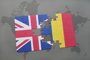 Büyük Britanya ve Romanya ulusal bayrak dünya harita arka plan üzerinde ile bulmaca