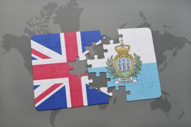 Büyük Britanya ve san marino dünya harita arka plan üzerinde bayrağı ile bulmaca