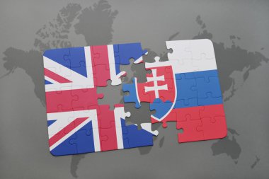Büyük Britanya ve Slovakya ulusal bayrak dünya harita arka plan üzerinde ile bulmaca