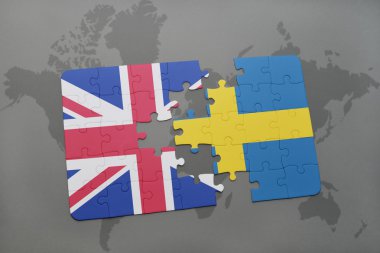 İngiltere ve İsveç Ulusal bayrak dünya harita arka plan üzerinde ile bulmaca