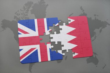 bir dünya haritası arka plan üzerinde büyük Britanya ve Bahreyn ulusal bayrağı ile bulmaca.