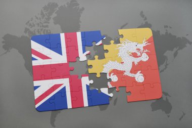 bir dünya haritası arka plan üzerinde büyük Britanya ve bhutan ulusal bayrağı ile bulmaca.