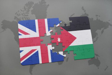 bir dünya haritası arka plan üzerinde büyük Britanya ve Ürdün ulusal bayrağı ile bulmaca.