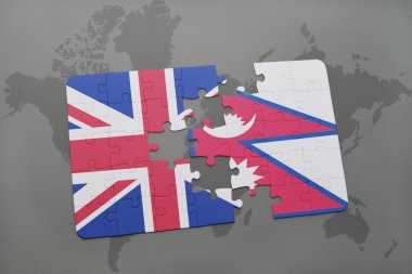 bir dünya haritası arka plan üzerinde büyük Britanya ve Nepal ulusal bayrağı ile bulmaca.