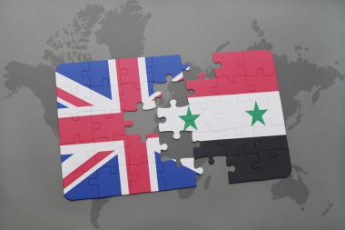 bir dünya haritası arka plan üzerinde büyük Britanya ve Suriye ulusal bayrağı ile bulmaca.