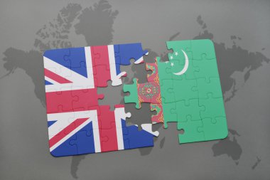 bir dünya haritası arka plan üzerinde büyük Britanya ve Türkmenistan ulusal bayrağı ile bulmaca.