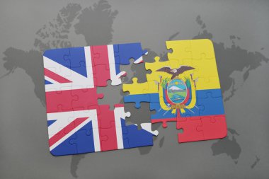 Büyük Britanya ve Ekvador dünya harita arka plan üzerinde bayrağı ile bulmaca.