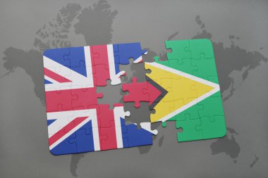 Büyük Britanya ve guyana dünya harita arka plan üzerinde bayrağı ile bulmaca.