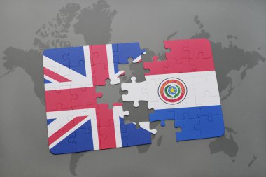 Büyük Britanya ve paraguay dünya harita arka plan üzerinde bayrağı ile bulmaca.
