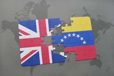 Büyük Britanya ve venezuela ulusal bayrak dünya harita arka plan üzerinde ile bulmaca.