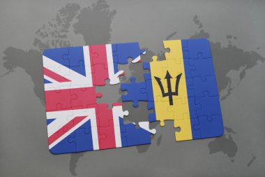 Büyük Britanya ve barbados dünya harita arka plan üzerinde bayrağı ile bulmaca.