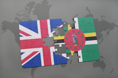 Büyük Britanya ve Dominika bir dünya harita arka planda bayrağı ile bulmaca.