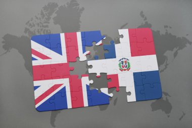 Büyük Britanya ve Dominik Cumhuriyeti ulusal bayrak dünya harita arka plan üzerinde ile bulmaca.