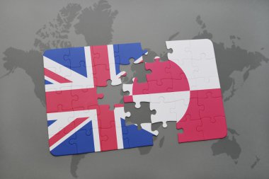 Büyük Britanya ve Grönland Ulusal bayrak dünya harita arka plan üzerinde ile bulmaca.