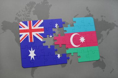 Avustralya ve Azerbaycan ulusal bayrak dünya harita arka plan üzerinde ile bulmaca.