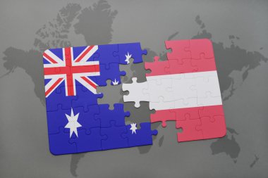Avustralya ve Avusturya ulusal bayrak dünya harita arka plan üzerinde ile bulmaca.