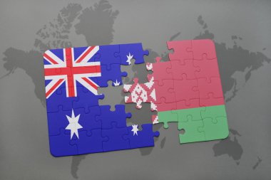 Dünya harita arka plan üzerinde Beyaz Rusya ve Avustralya Ulusal bayrakla bulmaca.