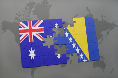 Avustralya ve Bosna-Hersek ulusal bayrak dünya harita arka plan üzerinde ile bulmaca.