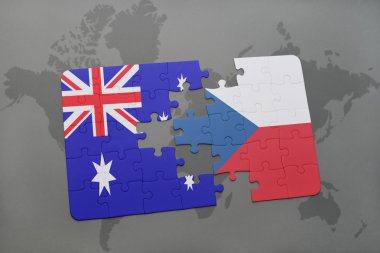Avustralya ve Çek Cumhuriyeti ulusal bayrak dünya harita arka plan üzerinde ile bulmaca.