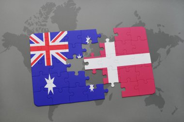 Avustralya ve Danimarka ulusal bayrak dünya harita arka plan üzerinde ile bulmaca.