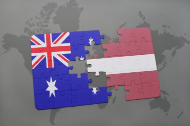 Avustralya ve Letonya ulusal bayrak dünya harita arka plan üzerinde ile bulmaca.