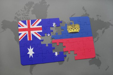 Avustralya ve liechtenstein ulusal bayrak dünya harita arka plan üzerinde ile bulmaca.
