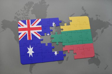 Dünya harita arka plan üzerinde Avustralya ve Litvanya Ulusal bayrakla bulmaca.