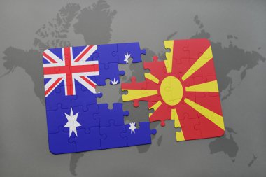 Avustralya ve Makedonya dünya harita arka plan üzerinde bayrağı ile bulmaca.