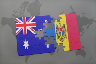 Avustralya ve dünya harita arka plan üzerinde moldova bayrağı ile bulmaca.