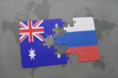 Avustralya ve Rusya'nın ulusal bayrak dünya harita arka plan üzerinde ile bulmaca.