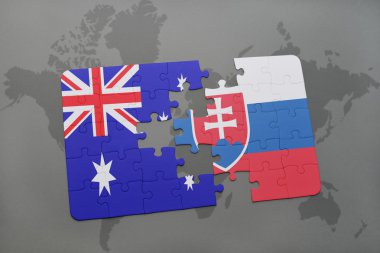 Avustralya ve Slovakya ulusal bayrak dünya harita arka plan üzerinde ile bulmaca.