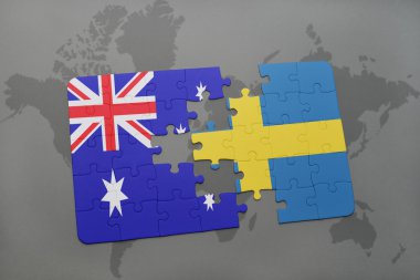 Avustralya ve İsveç Ulusal bayrak dünya harita arka plan üzerinde ile bulmaca.