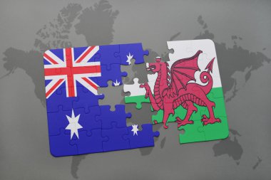 Avustralya ve dünya harita arka plan üzerinde Galler Ulusal bayrak ile bulmaca.