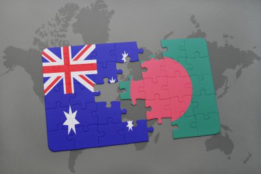 bir dünya haritası arka plan üzerinde Avustralya ve Bangladeş ulusal bayrağı ile bulmaca.