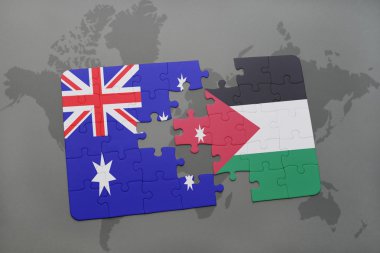 bir dünya haritası arka plan üzerinde Avustralya ve Ürdün ulusal bayrağı ile bulmaca.