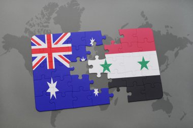 bir dünya haritası arka plan üzerinde Avustralya ve Suriye ulusal bayrağı ile bulmaca.