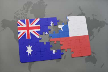bir dünya haritası arka plan üzerinde Avustralya ve Şili ulusal bayrağı ile bulmaca.